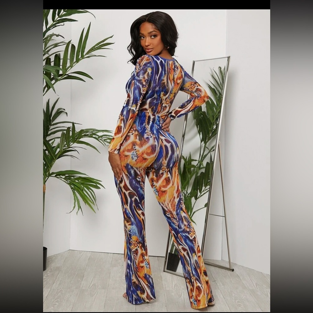 Allover Print Criss Cross Cut Out Front Jumpsuit